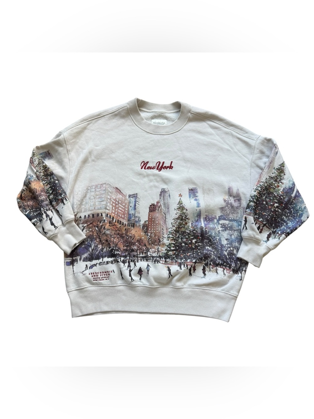 Abercrombie & Fitch S New York Ice Skating Christmas Sweatshirt Cream Holiday